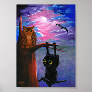 Pôster Funny Black Cat Owl Fall Moon Creationarts