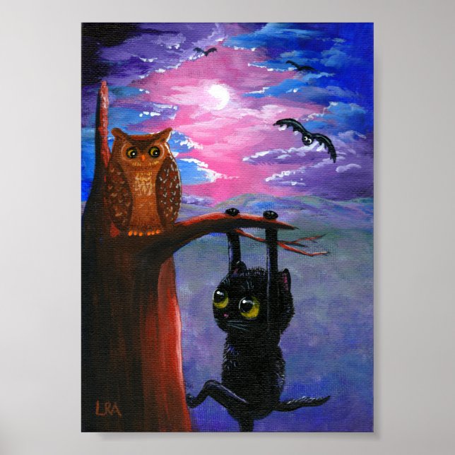 Pôster Funny Black Cat Owl Fall Moon Creationarts (Frente)