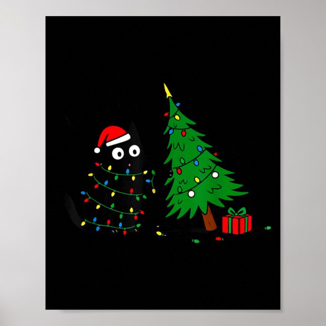Poster Funny Black Cat Pushing 67 Christmas Tree Over Cat (Frente)