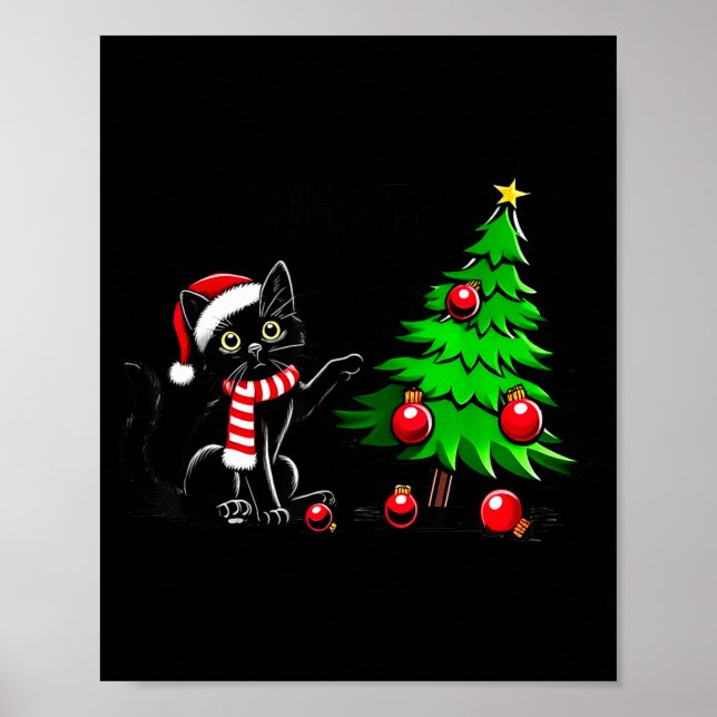 Poster Funny Black Cat Pushing Christmas Tree Over Cat Wh (Frente)