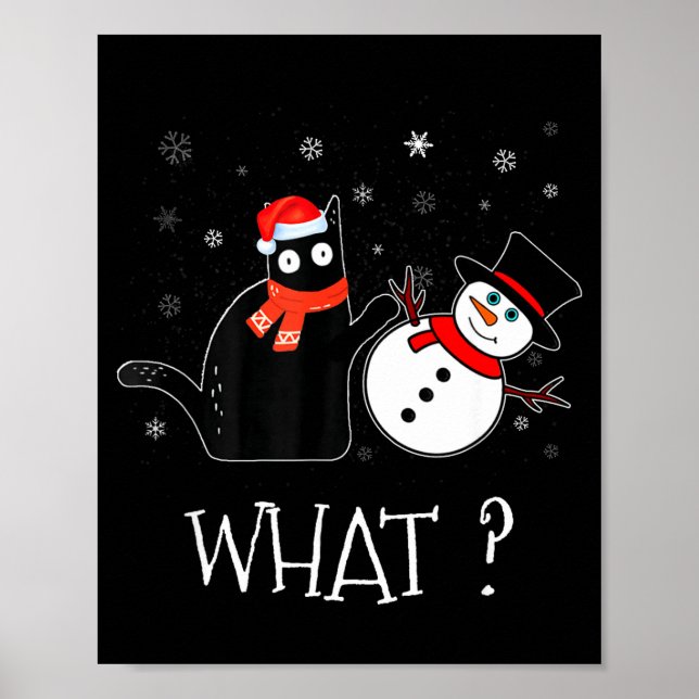 Poster Funny Black Cat Pushing Snowman Christmas Winter C (Frente)