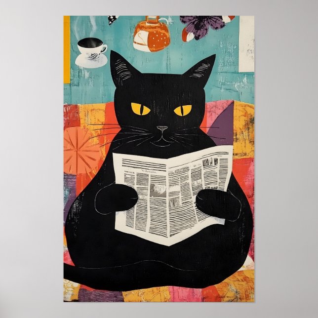 Poster Funny Black cat Reading Newspaper  (Frente)