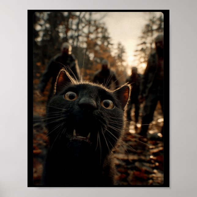 Poster Funny Black Cat Selfie With Zombies Feline Animal  (Frente)