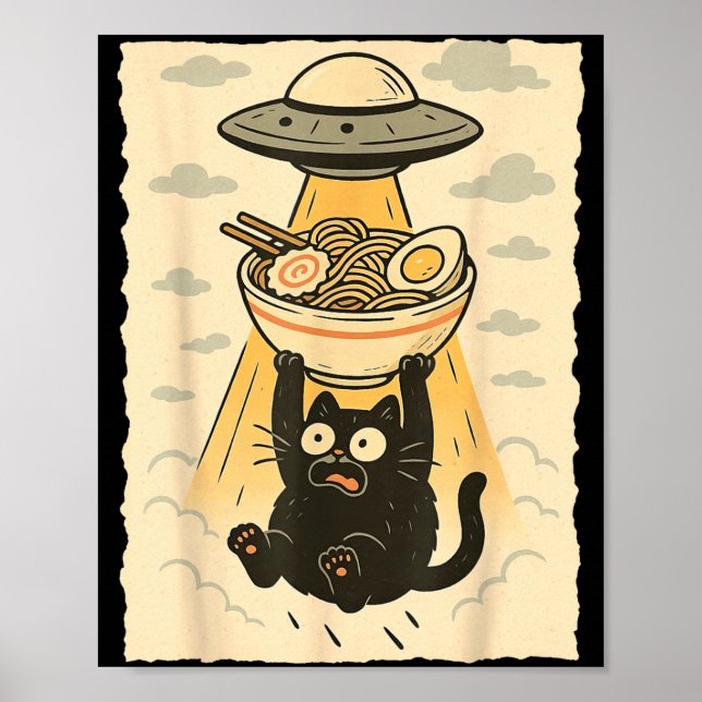 Poster Funny Black Cat Ufo Ramen Alien Abduction Graphic  (Frente)