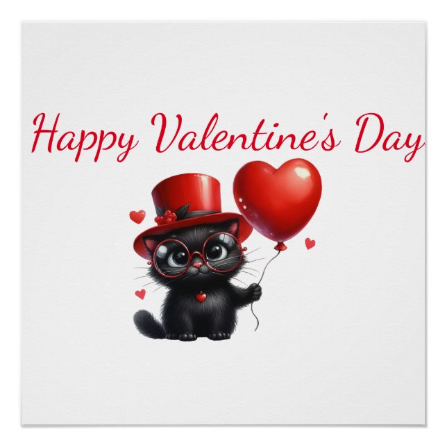 Pôster Funny Black Cat With Balloons Valentine's Day (Frente)