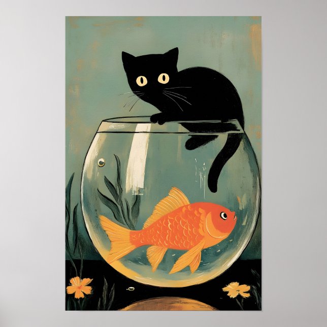 Poster Funny Black cat with Fish (Frente)