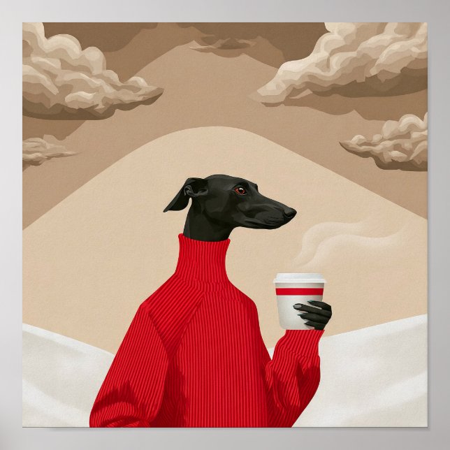 Poster Funny Black Greyhound in Red Sweater Coffee Art (Frente)