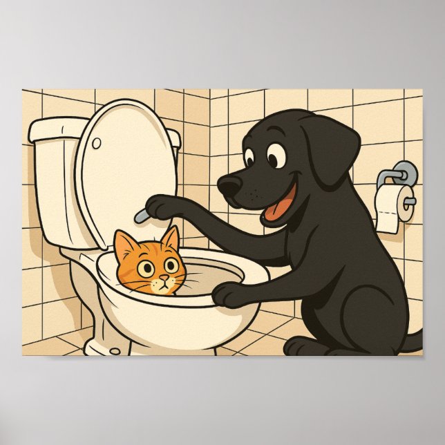 Poster Funny Black Labrador and Cat Bathroom Art  (Frente)