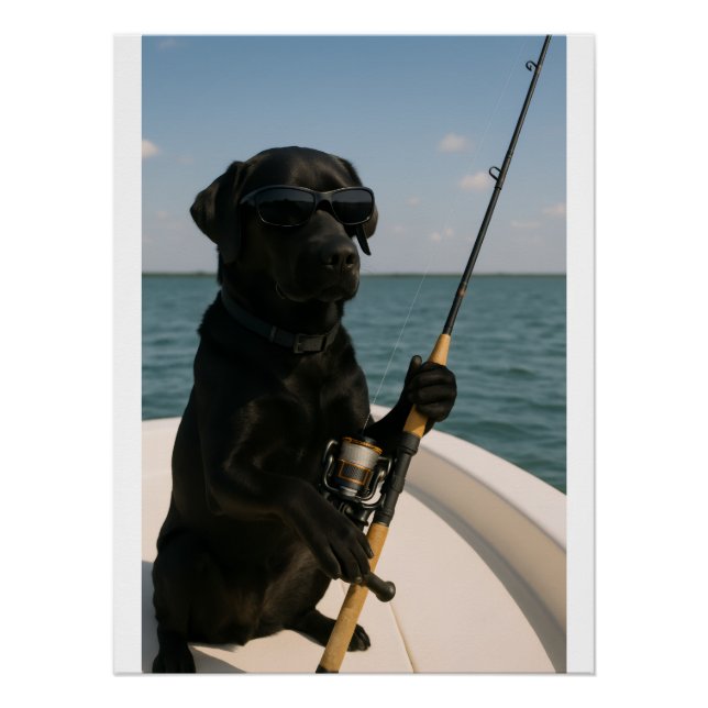 Pôster Funny Black Labrador Dog Fishing  (Frente)