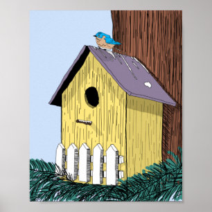 Poster Funny Bluebird on Birdhouse