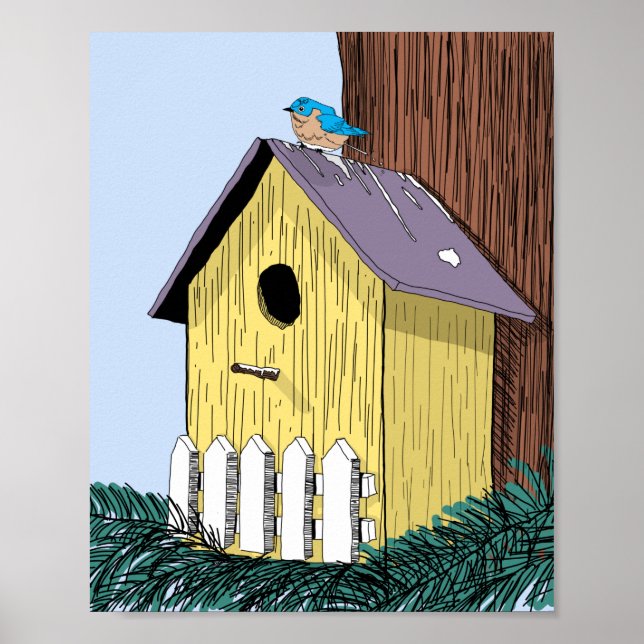 Poster Funny Bluebird on Birdhouse (Frente)