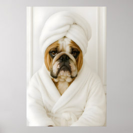 Poster Funny Bulldog Bathroom Print, Bulldog In Bathrobe