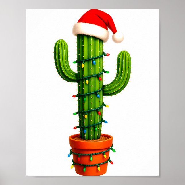 Poster Funny Cactus Santa Hat Xmas Tree Lights Merry Chri (Frente)