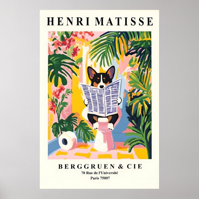 Poster Funny Cardigan Corgi Art - Dog on Toilet Bathroom (Frente)