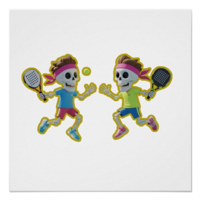 Pôster Funny Cartoon Skeletons Playing Padel Tennis – 3D  (Frente)