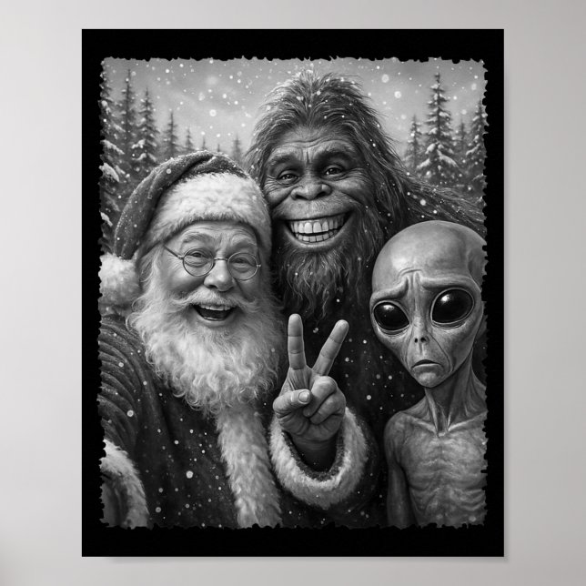 Poster Funny Cat Christmas Bigfoot Alien Santa Snow Selfi (Frente)