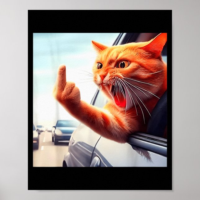 Poster Funny Cat Middle Finger Hilarious Cat In The Car C (Frente)