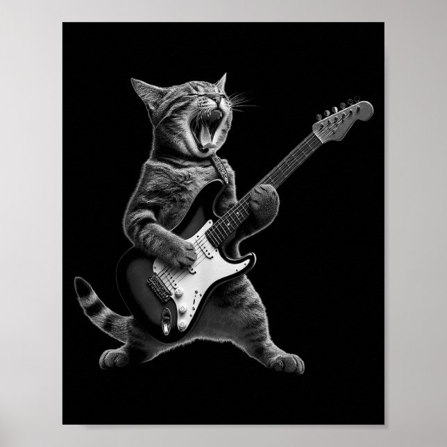 Poster Funny Cat Playing Guitar Rock And Roll Men Women K (Frente)