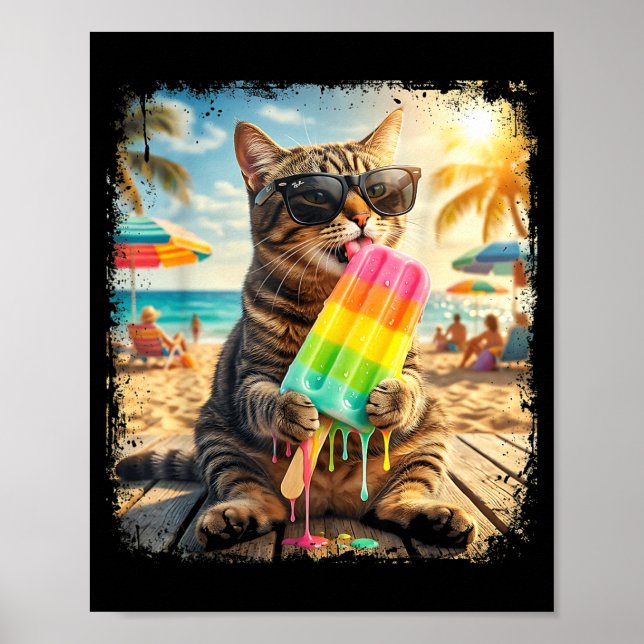 Poster Funny Cat Popsicle Summer Animal Sunglasses Meme (Frente)