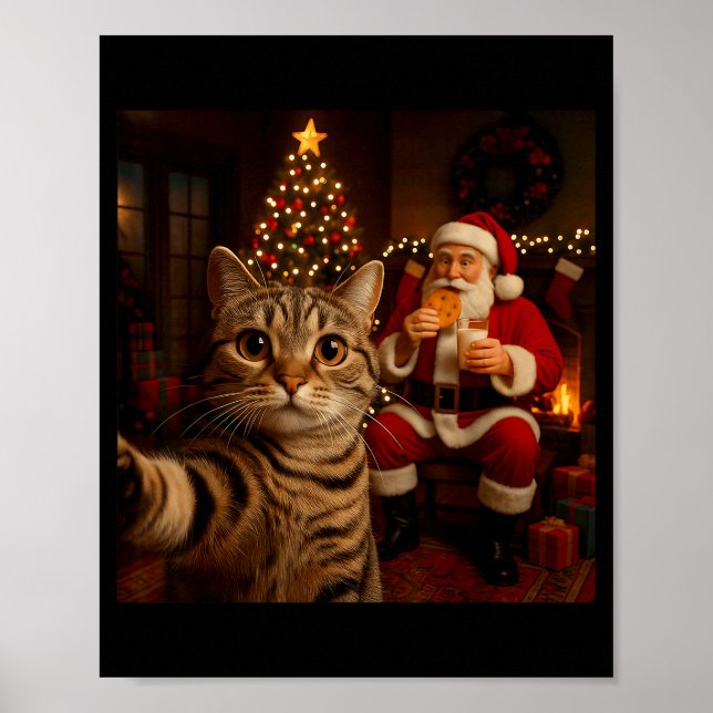 Poster Funny Cat Selfie Santa Claus Eating Cookies Christ (Frente)