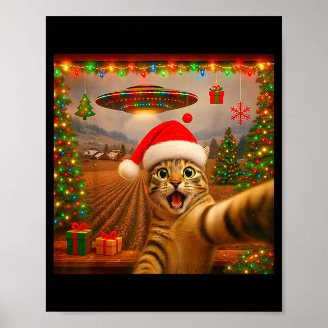 Poster Funny Cat Selfie With Alien Ufo Christmas Lights S (Frente)