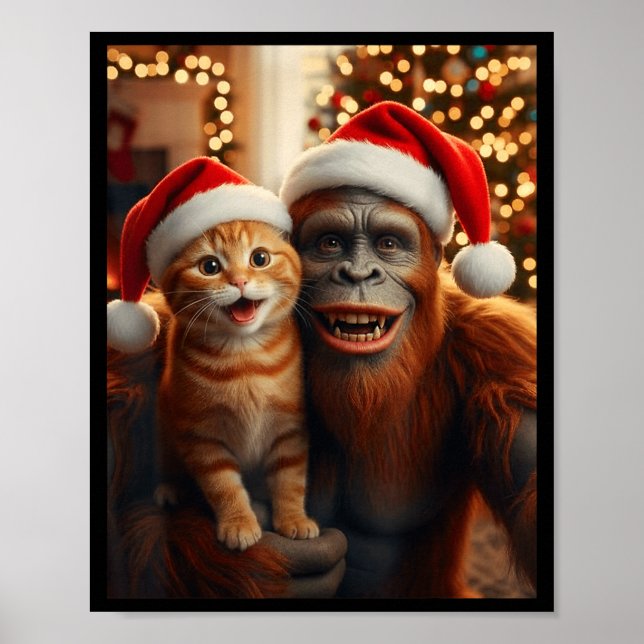 Poster Funny Cat Selfie With Bigfoot Christmas Sasquatch  (Frente)