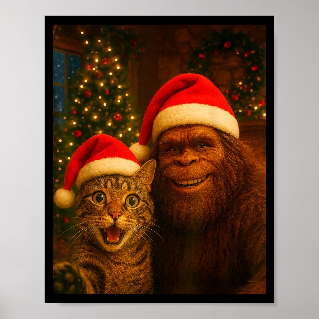 Poster Funny Cat Selfie With Bigfoot Christmas Sasquatch  (Frente)