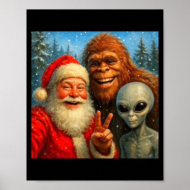 Poster Funny Cat Selfie With Santa Claus &amp; Bigfoot Me (Frente)