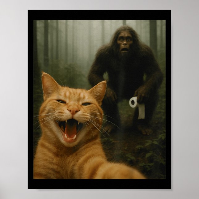 Poster Funny Cat Surprised Happy Selfie With Bigfoot Sasq (Frente)