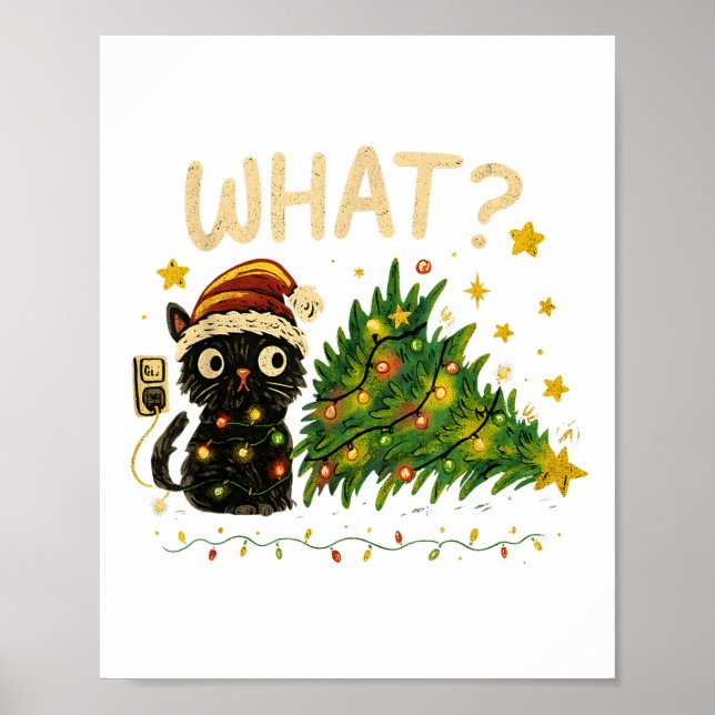 Poster Funny Cat With Christmas Lights And Fallen Tree Ar (Frente)