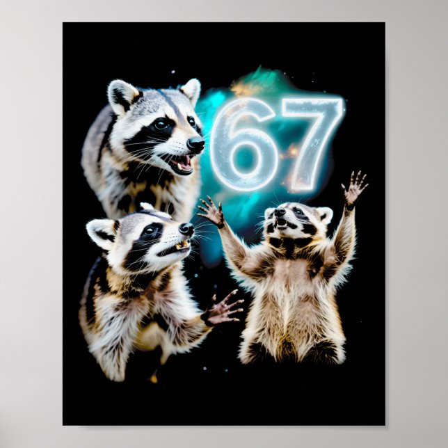 Poster Funny Chaotic Raccoon Howling At 67 Cosmic Six Sev (Frente)