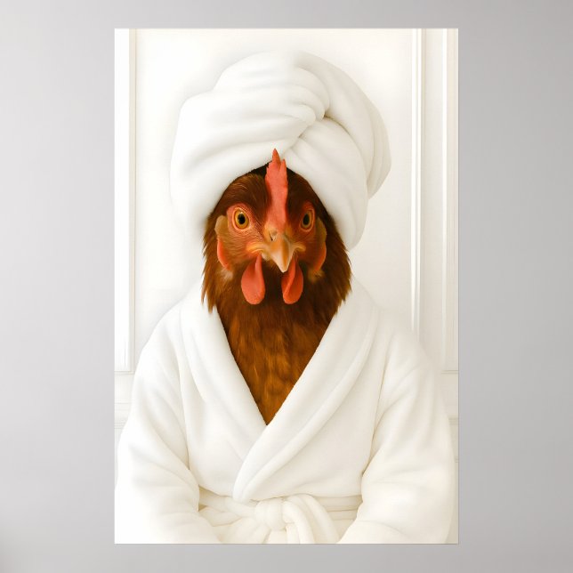 Poster Funny Chicken Bathroom Print, Chicken In Bathrobe (Frente)