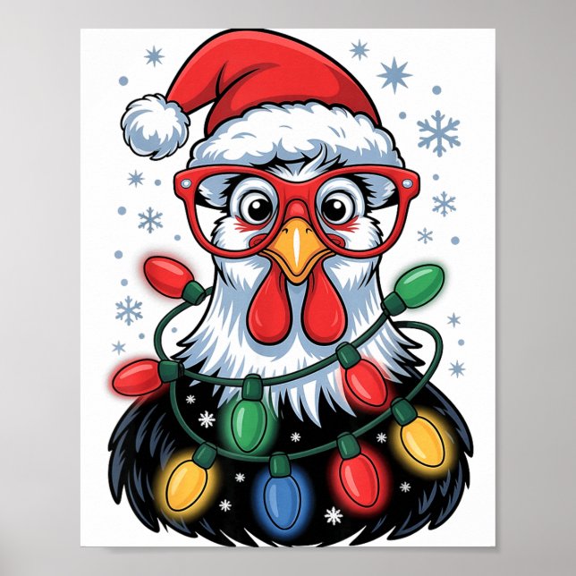 Poster Funny Chicken Christmas Tree Lights Santa Hat Xmas (Frente)