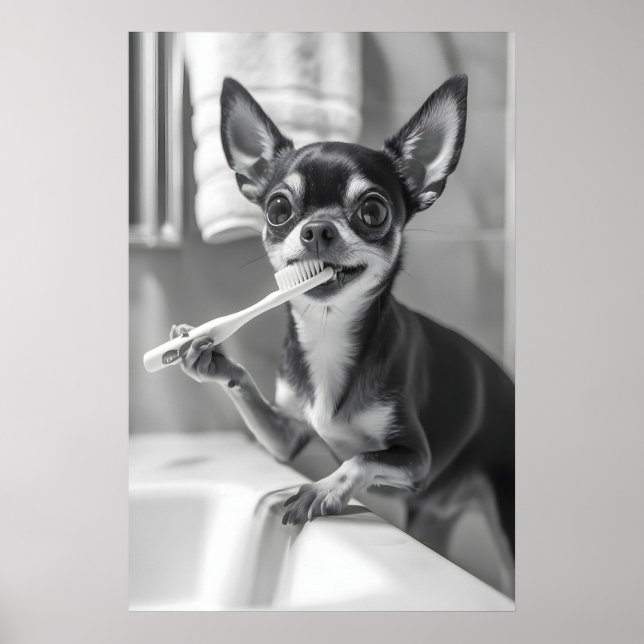 Poster Funny Chihuahua Bathroom Art Print, Brushing Teeth (Frente)