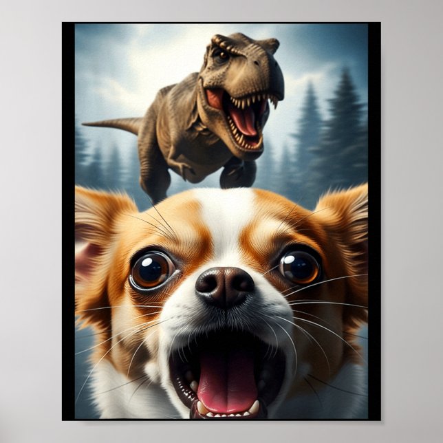 Poster Funny Chihuahua Dog Selfie With T-rex Women Men Ki (Frente)
