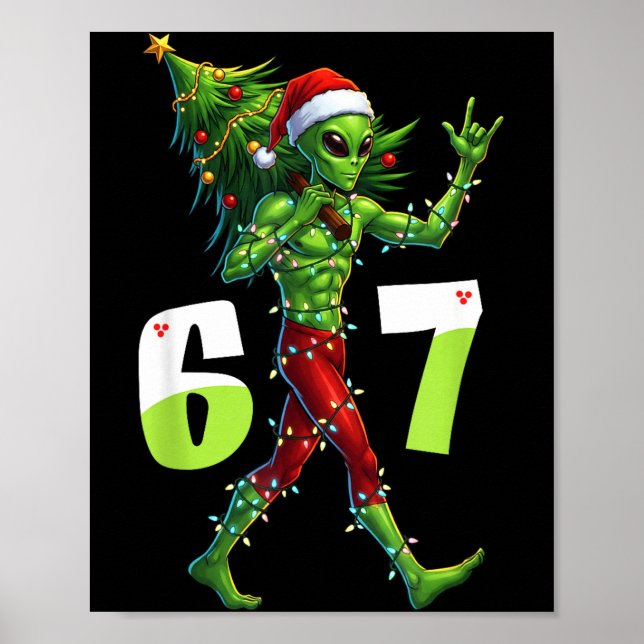 Poster Funny Christmas Alien Six Seven Meme 67 Santa Hat  (Frente)