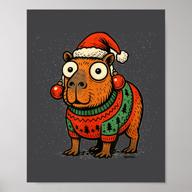 Poster Funny Christmas Capybara With Santa Hat &amp; Swea (Frente)