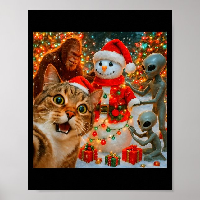 Poster Funny Christmas Cat Selfie With Bigfoot Alien &amp (Frente)