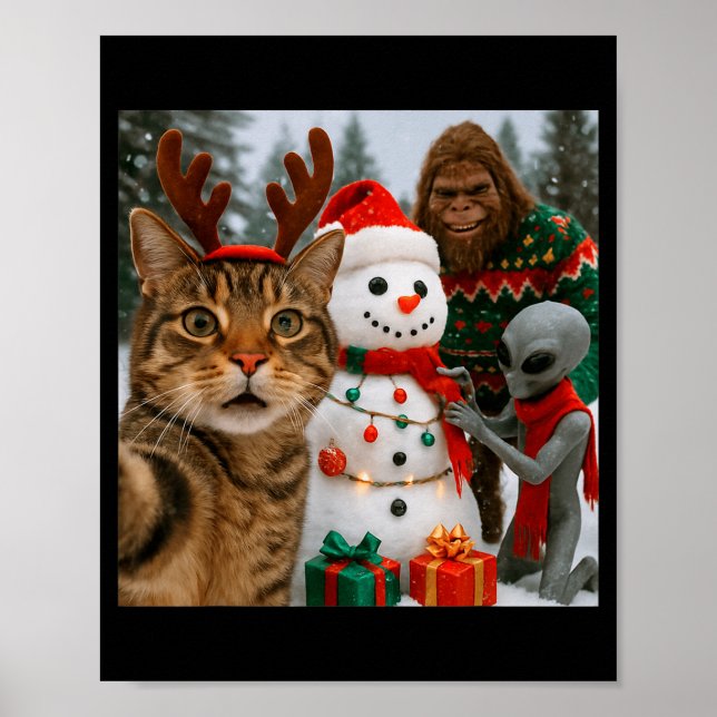 Poster Funny Christmas Cat Selfie With Bigfoot Alien &amp (Frente)