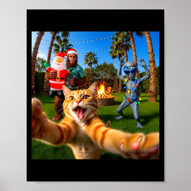 Poster Funny Christmas Cat Selfie With Bigfoot &amp; Alie (Frente)