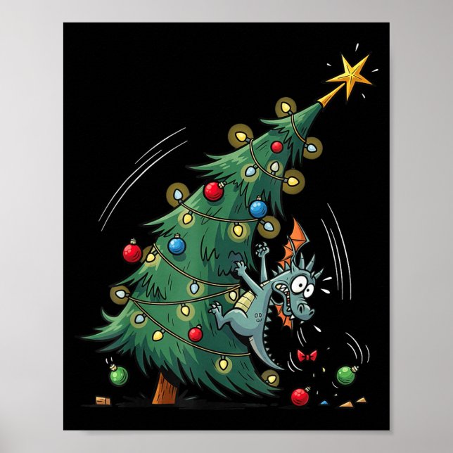 Poster Funny Christmas Dragon Wrecking The Tree Holiday P (Frente)