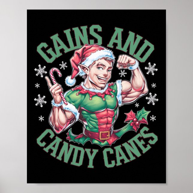 Poster Funny Christmas Elf Gym Workout Gains And Candy Ca (Frente)