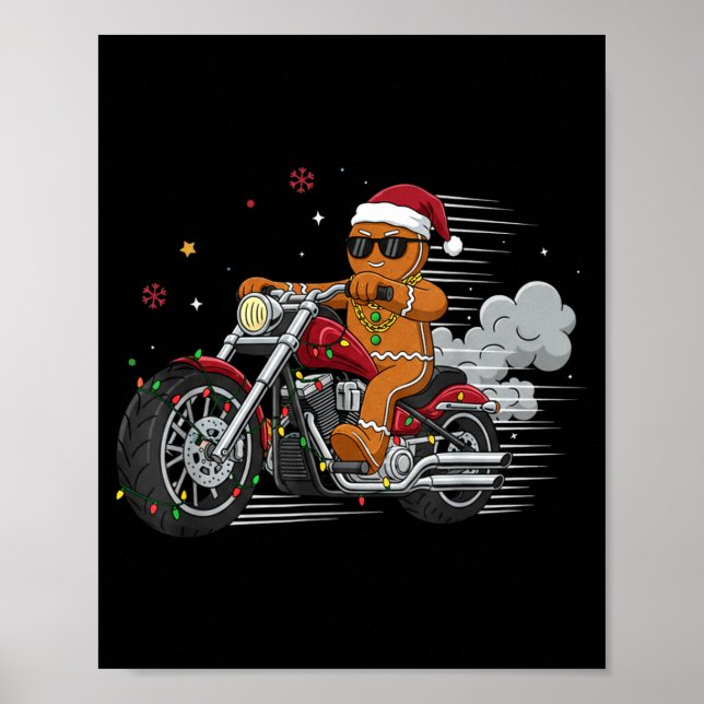 Poster Funny Christmas Gingerbread Man Biker Riding A Mot (Frente)