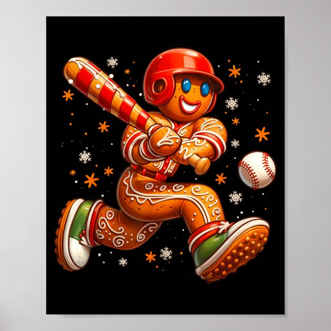 Poster Funny Christmas Gingerbread Man Playing Baseball C (Frente)