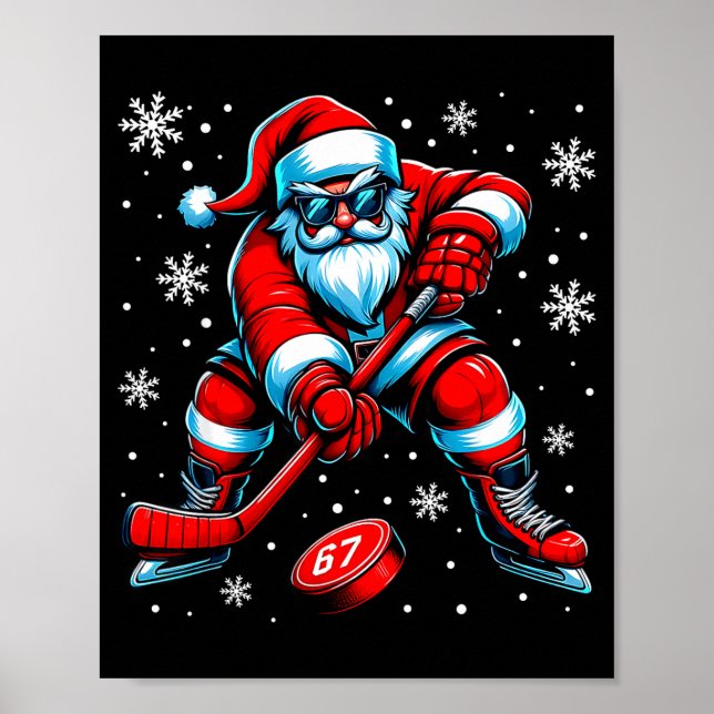 Poster Funny Christmas Hockey Cool Santa Claus 6 7 Meme T (Frente)