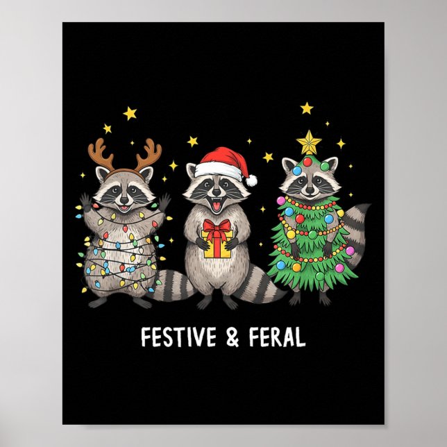 Poster Funny Christmas Racoon - Feral But Festive  (Frente)