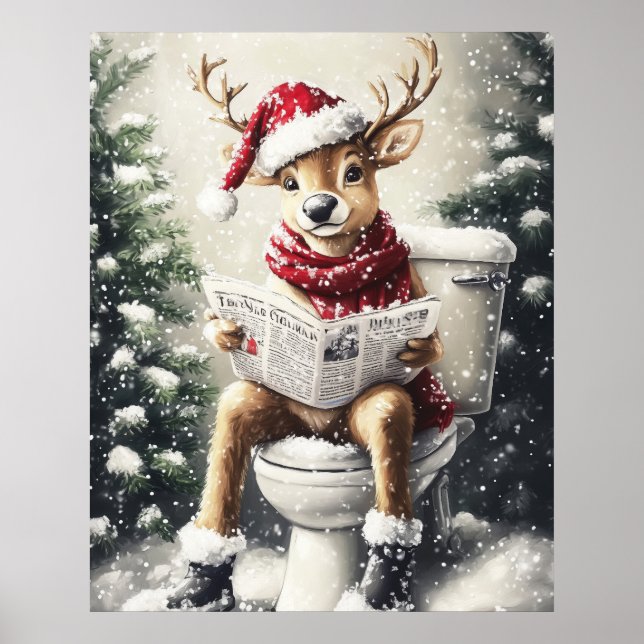 Poster Funny Christmas Reindeer Reading on the Toilet (Frente)