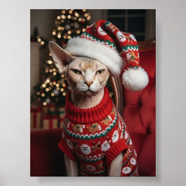 Poster Funny Christmas Santa Sphynx Cat in Sweater (Frente)