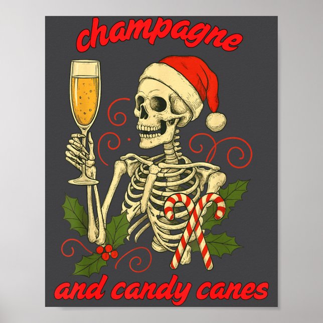 Poster Funny Christmas Skeleton Champagne And Candy Canes (Frente)