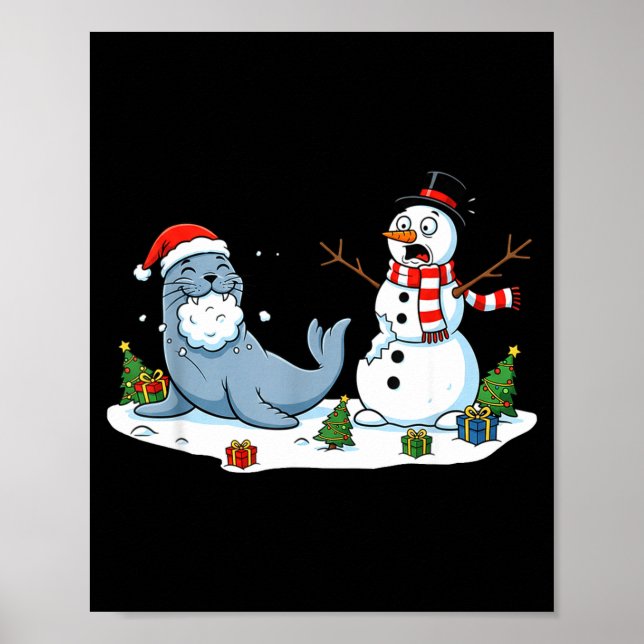 Poster Funny Christmas Snowman Sea Lion Xmas Mens Womens  (Frente)